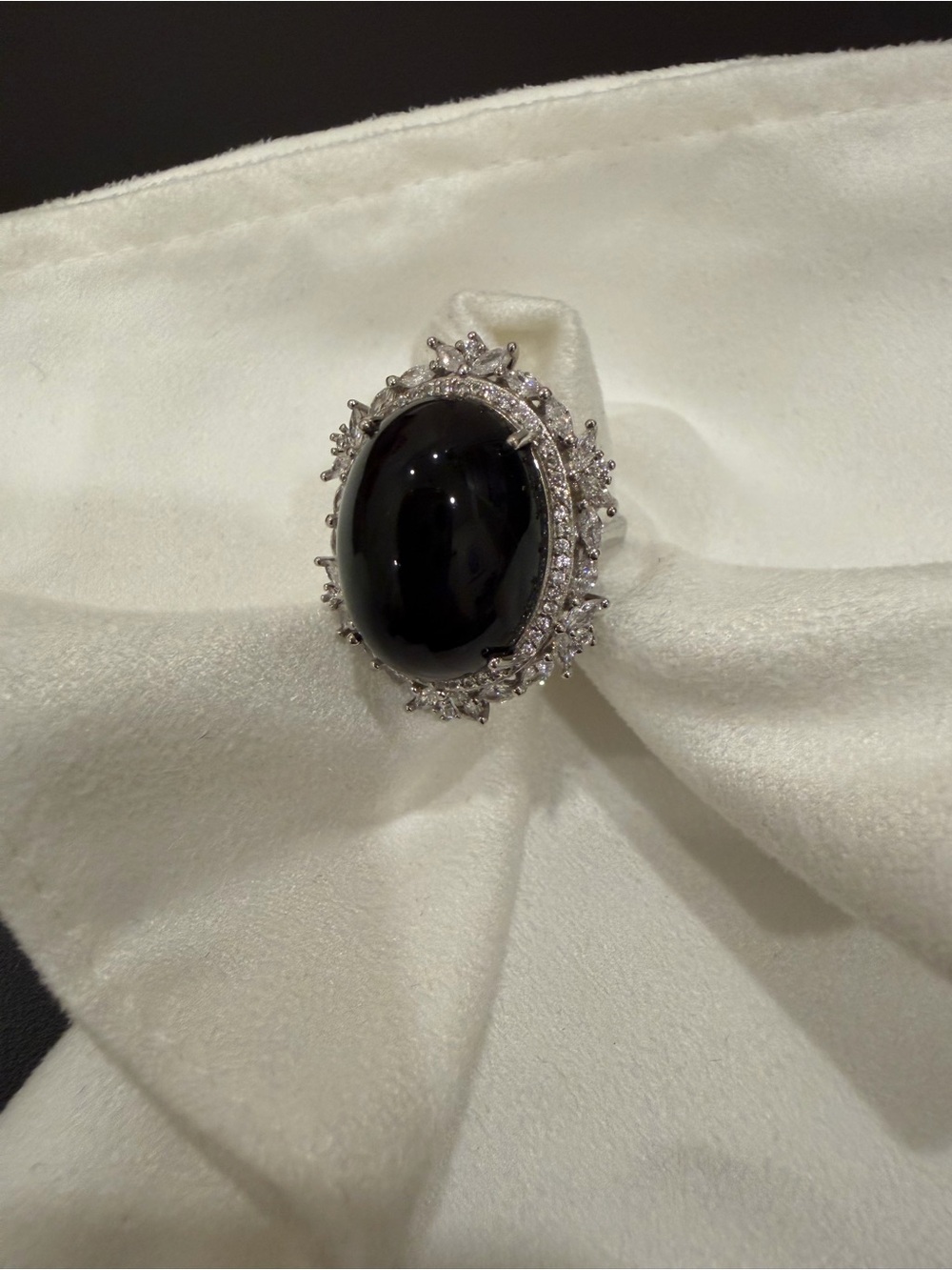 Large Stone! Black Onyx Oval Halo Cocktail Adjustable Sterling Silver Ring